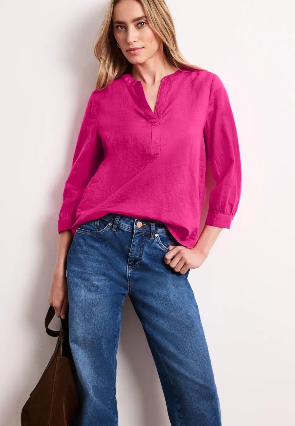 Blouse à col fendu en lin mélangé