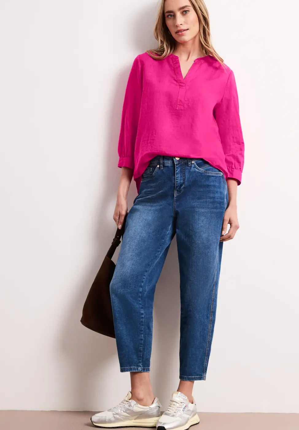 Blouse à col fendu en lin mélangé