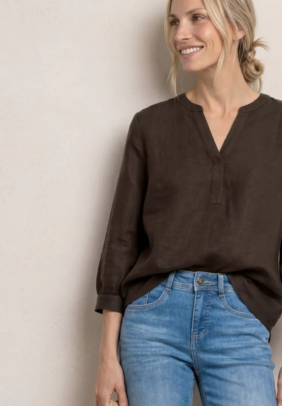 Blouse à manches 3/4 en lin mélangé avec split neck