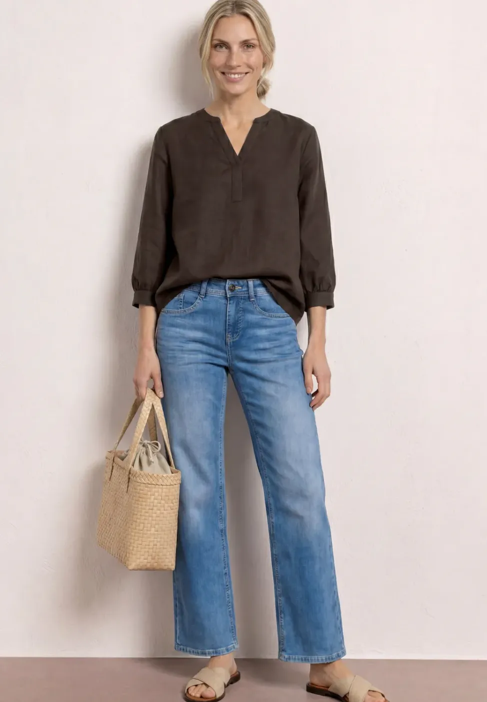 Blouse à manches 3/4 en lin mélangé avec split neck