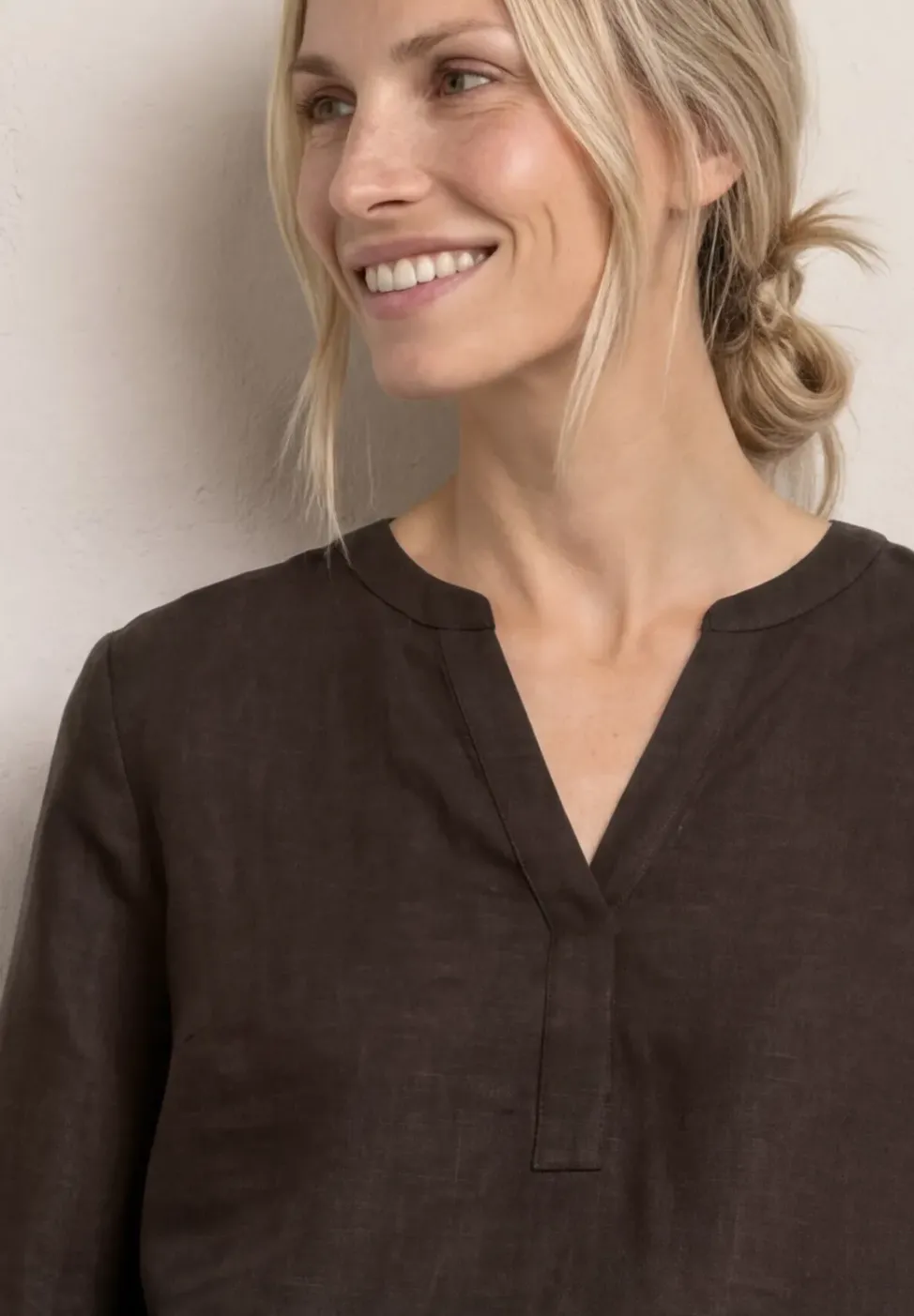 Blouse à manches 3/4 en lin mélangé avec split neck