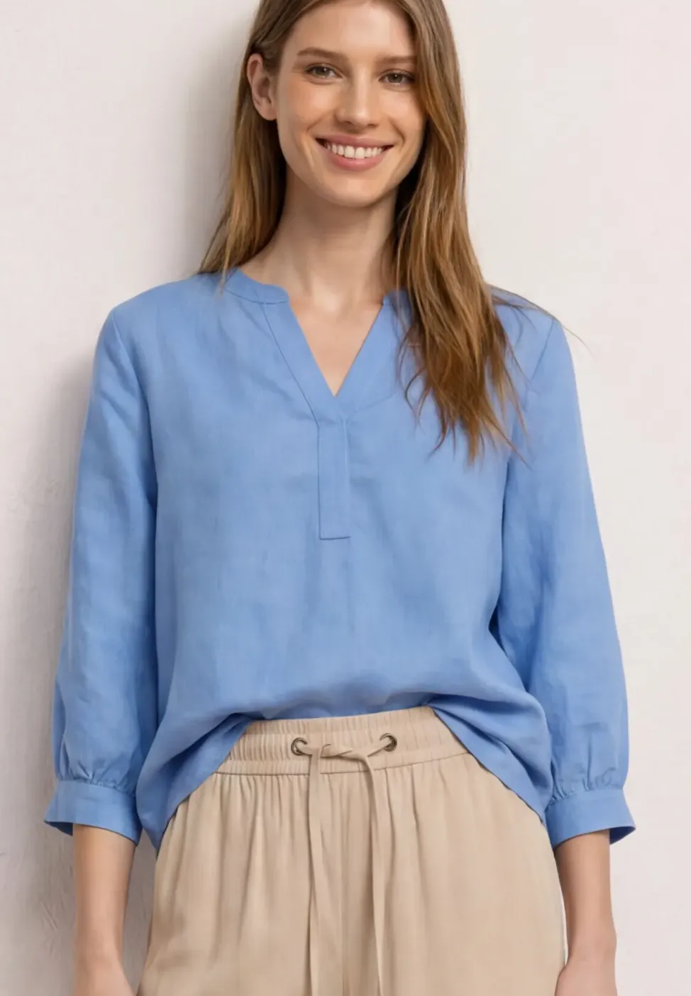 Blouse à manches 3/4 en lin mélangé avec split neck