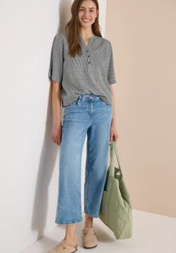 Blouse à manches courtes avec col fendu et rayures