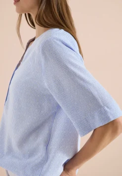Blouse à manches courtes avec col fendu et rayures