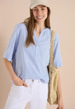Blouse à manches courtes avec col fendu et rayures