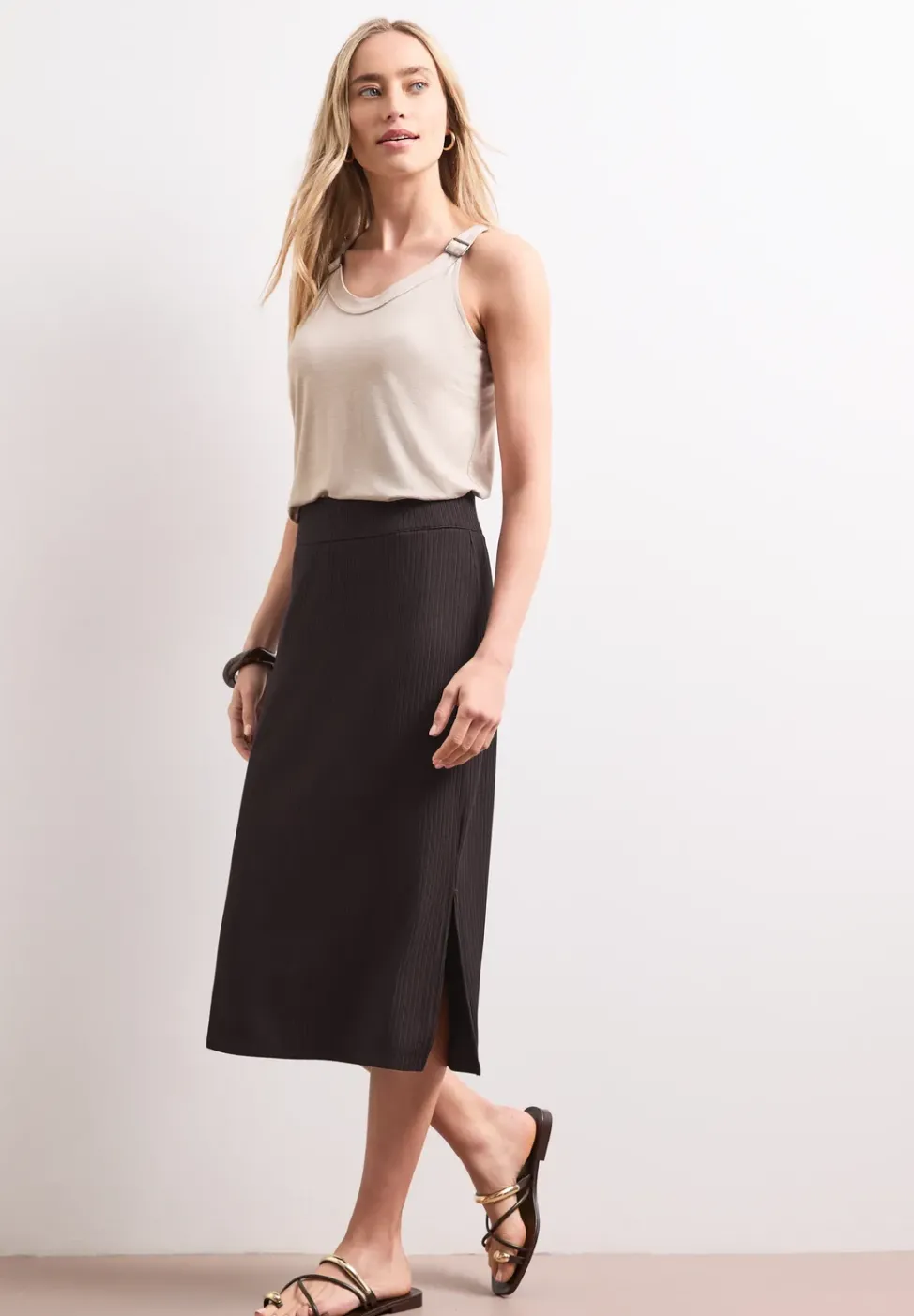 Jupe midi en structure côtelée avec taille élastique