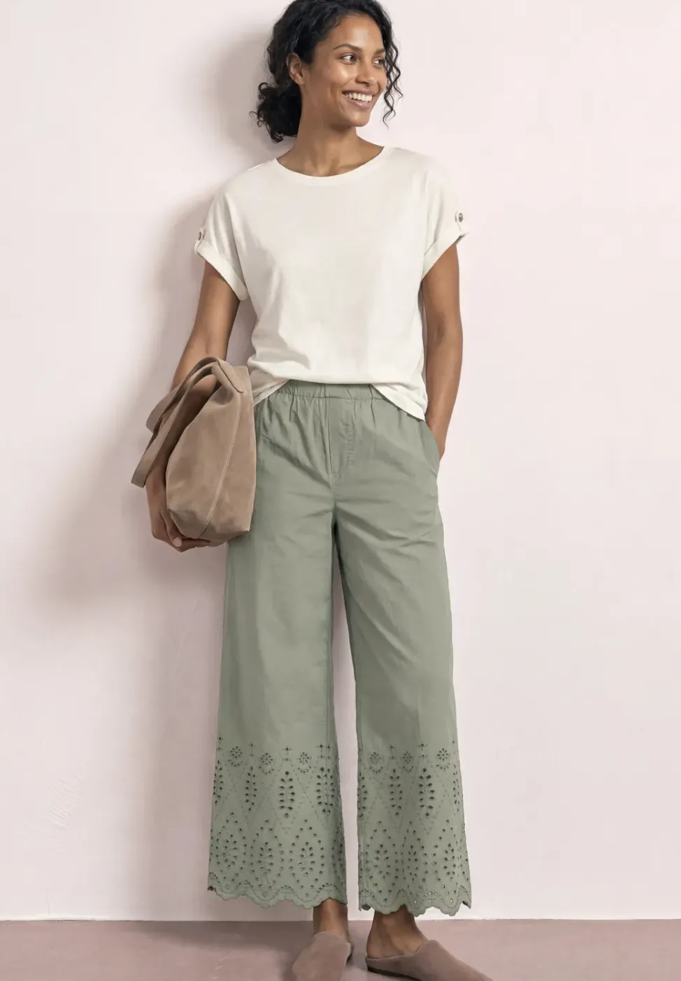 Pantalon wide leg avec broderie anglaise