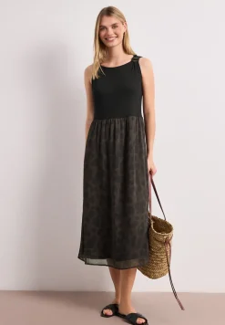 Robe mi‑longue à structure mixée et jupe à motif