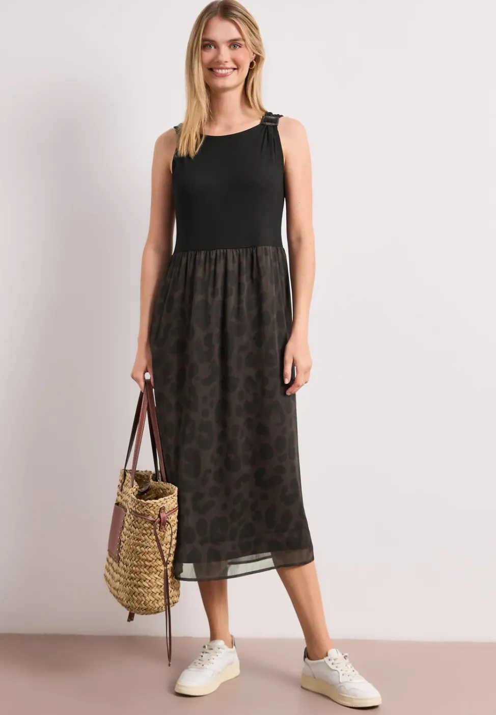 Robe mi‑longue à structure mixée et jupe à motif