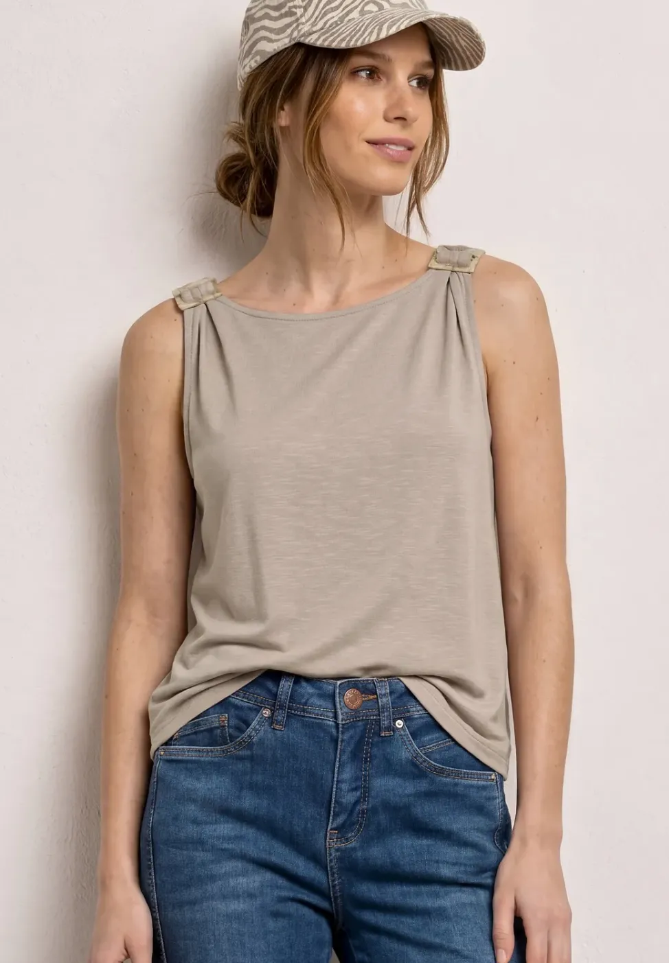 Top Femme à Col Rond et Détails aux Épaules
