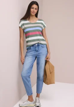 T-shirt à col en V arrondi et à rayures