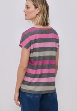 T-shirt à col en V arrondi et à rayures