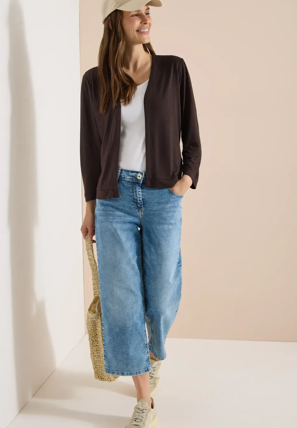 Veste ouverte en couleur unie avec manches 3/4